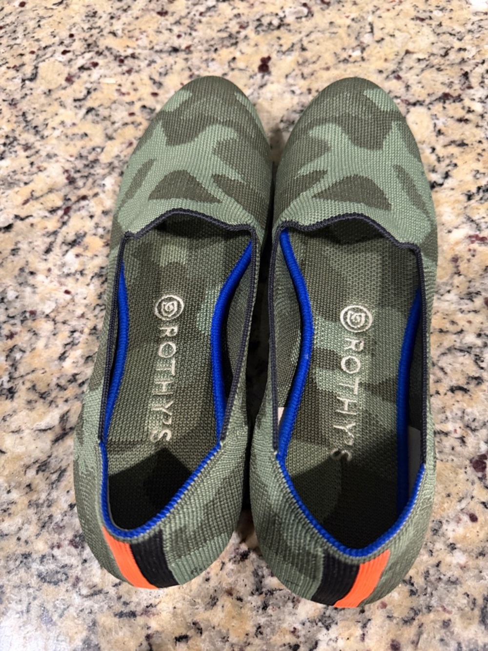 Rothy's Green Camo Slip-On loafers with Blue Trim and Orange Heel Tab